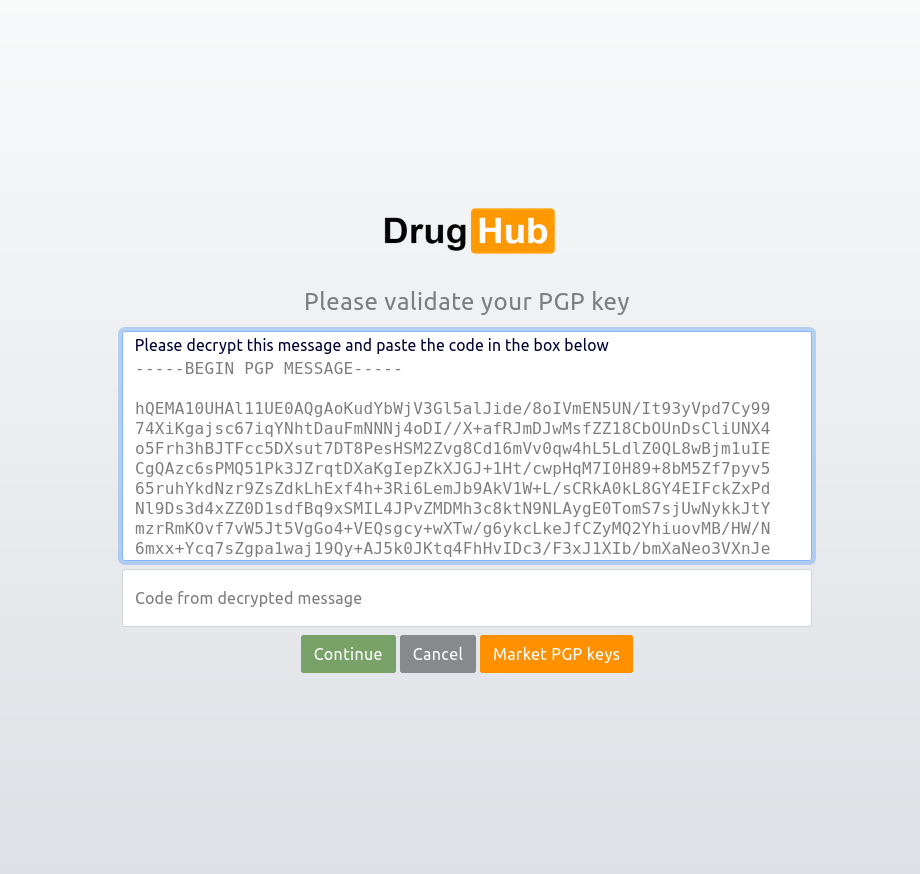 Drughub Market PGP key validation challenge